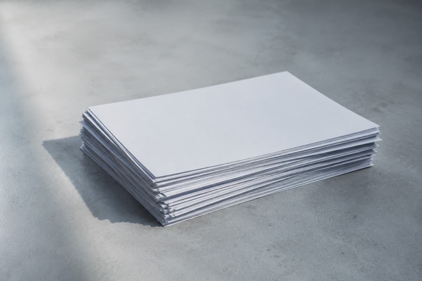 A thick stack of blank sheets on a grey surface
