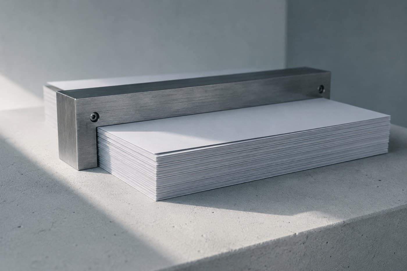 A stack of freshly cut sheets held under a steel bar