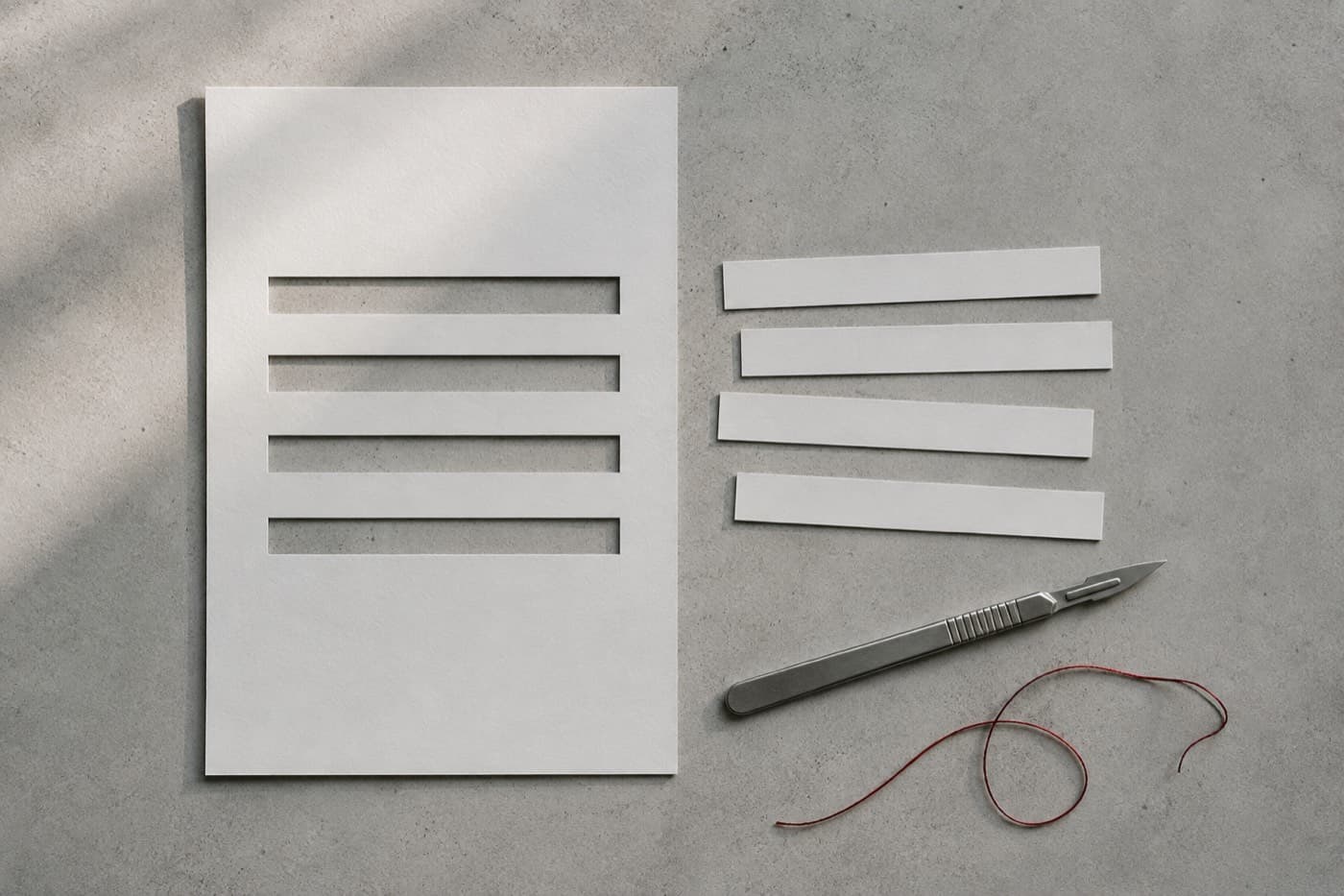 A sheet with narrow strips cut out of it, the offcuts lying beside it