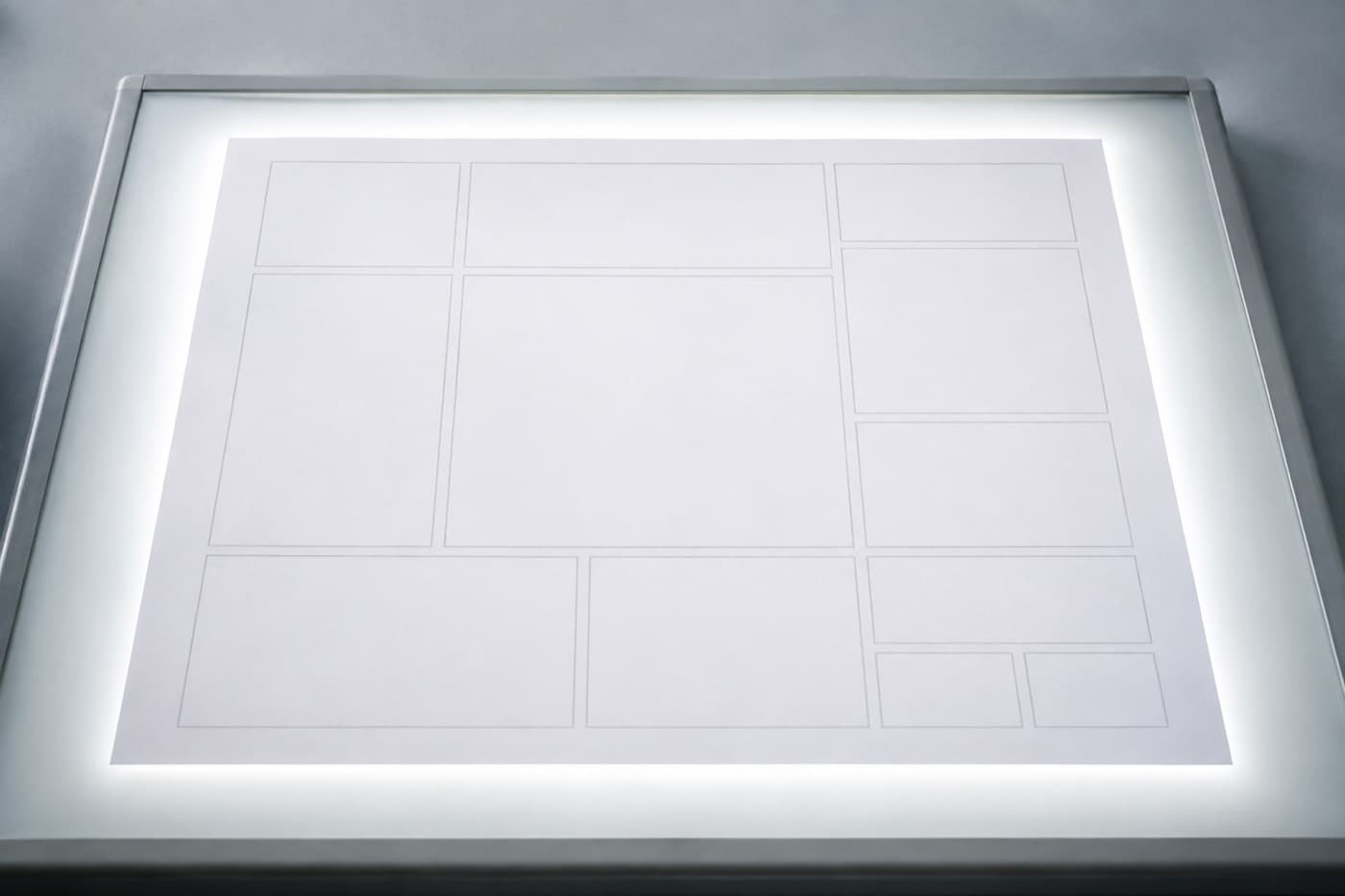 A blank sheet on a backlit drafting table with a faint layout grid